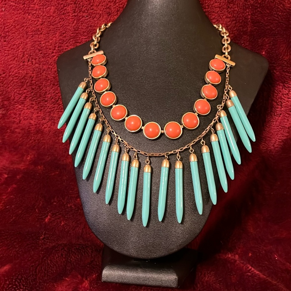 Lucky Brand Turquoise / Coral Statement Necklace with Gold Chain.
